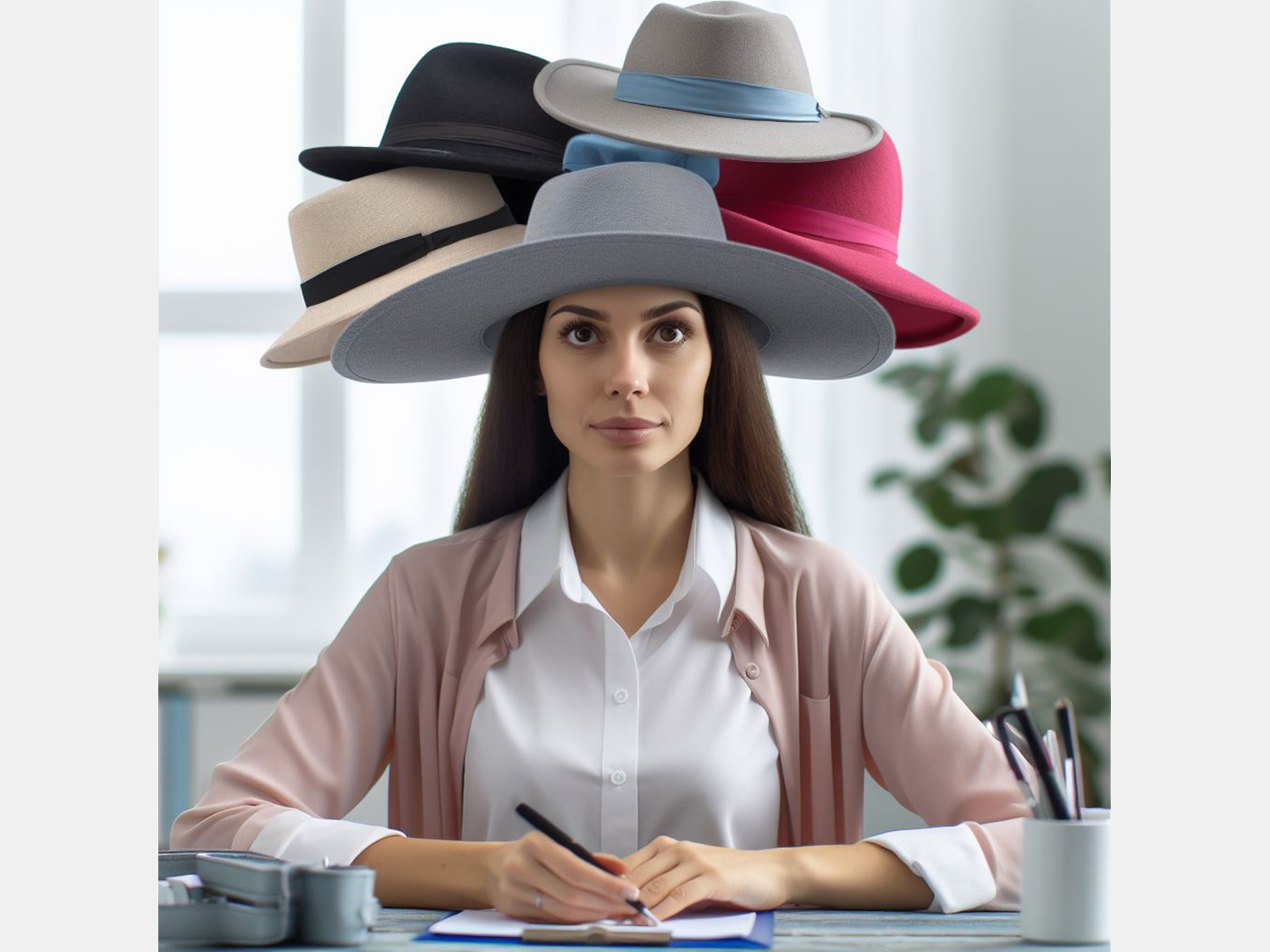 Frau mit verschiedenen Hüten auf dem Kopf - Sinnbild für rollenbasiertes Arbeiten